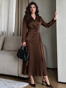 Modelyn Gaun Lipit Kerah Blazer Elegan Warna Polos untuk Wanita - Coffee Brown - View 4