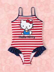 HELLO KITTY AND FRIENDS | SHEIN Tween Girl Striped Casual One-Piece Swimsuit For Beach Vacation - Red - View 1
