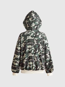 ROMWE Street Life Street Style Camo Colorblock Letter Print Rhinestone Women's Hooded Zip-Up Sweatshirt - Army Green - View 5