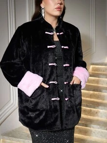 Reflora Plus Size Black Pink Contrast Color Frog Button Fur Coat, Autumn/Winter Wedding Guest Formal Evening Elegant Formal Tailored - Black - View 6