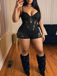 Slaydiva 大尺碼女款性感對比蕾絲細肩帶連身褲 - 黑色 - 查看 4