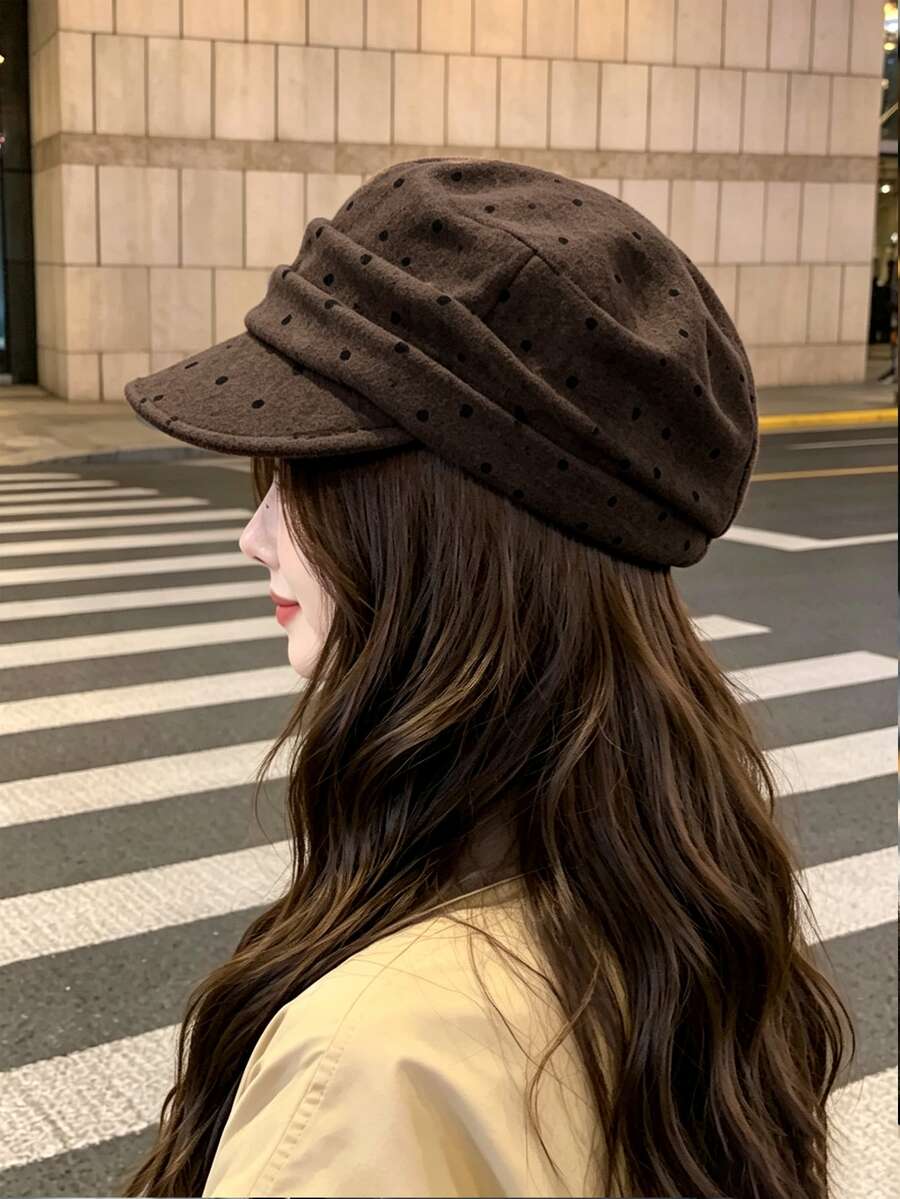 DAZY Women's Polka Dot Beret Hat, Korean Style Fashion Versatile Exquisite Slimming And Face-Flattering - Coffee Brown - View 1