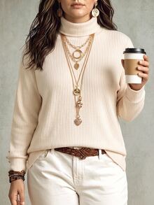 Women's Autumn/Winter New Hot-Selling High Neck Ribbed Soft Knit Casual Versatile Plus Size T-Shirt - Apricot - View 4