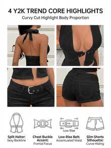 StreetHx Women's Sexy Metal Buckle Halter Tie Top And Denim Shorts Set - Black - View 9