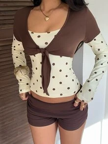 CovetEZ Women's Polka Dot 2 In 1 Colorblock Casual Daily T-Shirt - Brown - View 4