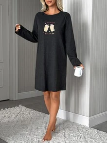 SHEIN Iced Coffee Graphic Grey Casual Relaxed Pajama Set - Grey - View 3