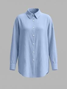 SHEIN 度假風白色椰子樹鏤空刺繡寬鬆沙灘襯衫洋裝 - 淺藍色 - 查看 3