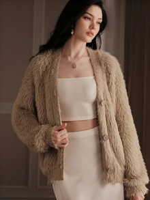 Anewsta Women's Brown Plush Comfortable Knit Cardigan Top For Autumn - Camel - View 5