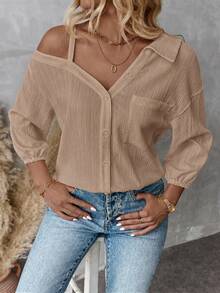 SHEIN Essnce 女款春秋純色不對稱領落肩寬鬆休閒性感上衣 外出穿搭 駝色 - 駝色 - 查看 7
