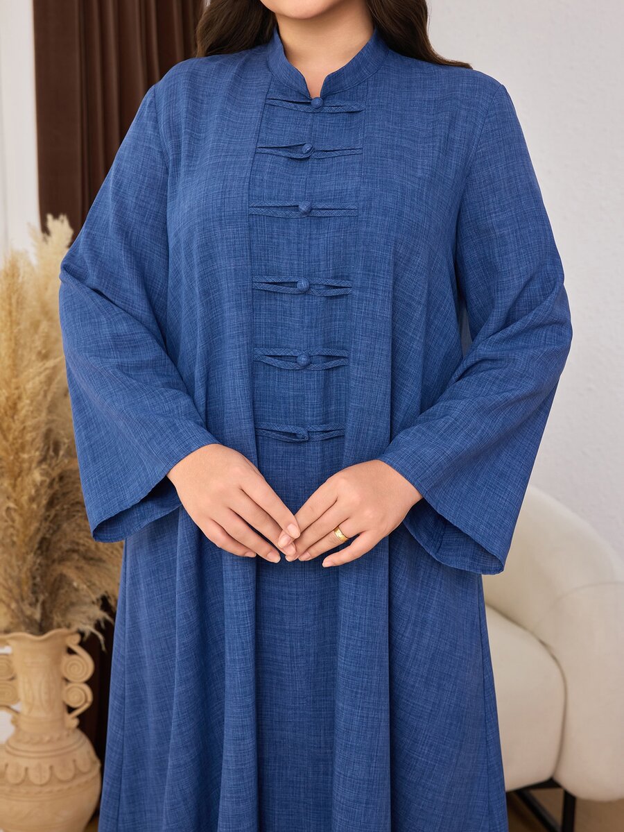 Al Najma Women's Long Sleeve Frog Button Decor New Fashion Elegant Versatile Plus Size Arabian Dress - Blue - View 1