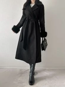 FRIFUL Women's Solid Color Lapel Neck Patchwork Faux Fur Cuff Elegant Overcoat - Black - View 1