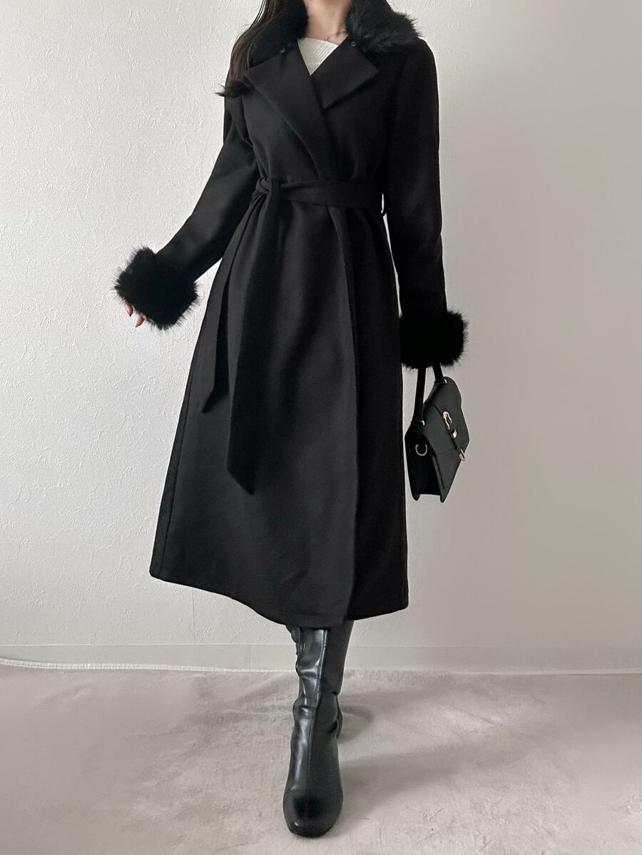 FRIFUL Women's Solid Color Lapel Neck Patchwork Faux Fur Cuff Elegant Overcoat - Black - View 1