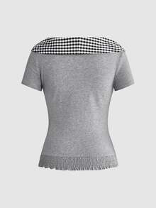 ROMWE Kawaii Women's Back To School Season Collegiate Style Navy Cute Japanese Button-Up Top With Plaid Patchwork Scarf Slim Fit T-Shirt - Grey - View 2