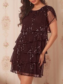 Amorya Đầm ngắn thời trang nữ màu trơn nâu đậm, tay ngắn cánh hoa, đính sequin, bèo nhún nhiều lớp, phong cách thanh lịch gợi cảm cho tiệc cocktail, đi chơi đêm mùa hè - màu nâu - Xem 8