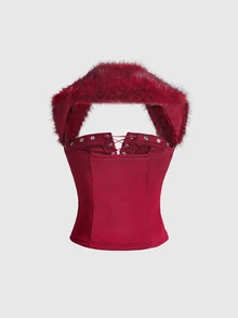 ROMWE Grunge Punk Sexy Party Fur Trim Deep V-Neck Eyelet Lace-Up Fitted Tank Top - Burgundy - View 2