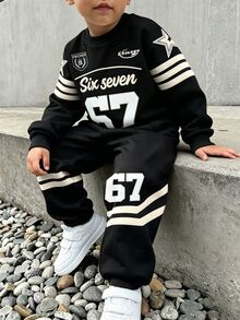 SHEIN 男孩舒適圓領長袖運動衛衣與運動長褲兩件套，學院風條紋 67 圖案，適合秋冬春季，穿著輕鬆舒適，適合返校季、派對、戶外野餐與街頭攝影 - 彩色 - 查看 1