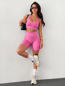 Eassivo Women's 2 Pieces Sports Set, Pink Yoga Fitness Outfit, White Underbust Design, Workout Exercise Set - Pink - View 4