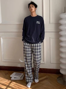 DAZY 男士春秋長袖海軍藍字母印花圓領T恤睡衣套裝，附彈性腰藍白格紋居家休閒長褲 - 彩色 - 查看 6