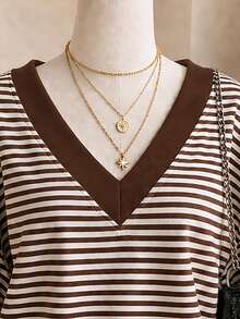 Lalippa Plus Size Women's Striped V-Neck Drop Shoulder Long Sleeve Casual Sweatshirt - Multicolor - View 4