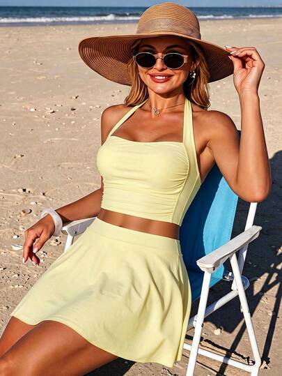 Swim Lushoire Traje de baño de dos piezas con cuello halter y fruncido, con falda y shorts, unicolor crema amarillo, 3 piezas, ropa de baño para vacaciones de verano en la playa, conjunto elegante para mujer, ropa de vacaciones para mujer, conjunto de playa, ropa de playa
