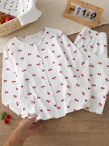 Tween Girl Cherry Bow Print Long Sleeve Long Pants Trim Cardigan Pajama Set Loungewear - Multicolor - View 3