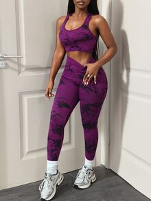 SHEIN Core Rhythm Women's Casual Tank Top And Leggings Sports Set - Purple - View 3