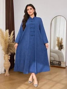 Al Najma Women's Long Sleeve Frog Button Decor New Fashion Elegant Versatile Plus Size Arabian Dress - Blue - View 6