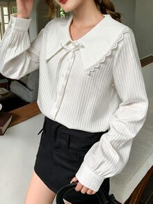 SHEIN 青少年女孩蝴蝶結彼得潘領蕾絲飾邊燈籠袖學院風休閒百搭白色襯衫，優雅學院風休閒白色襯衫，百搭襯衫 - 彩色 - 查看 6