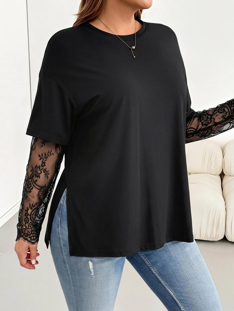 Shapeblank Plus Size T-Shirt With Lace Sleeves And Split Hem - Black - View 1