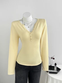 Elamini Women's Autumn Casual Versatile Solid Color Sweater Brunch Pale Yellow - Apricot - View 6