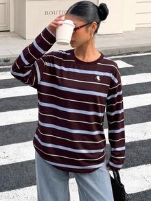 Muchica 女款寬鬆條紋露背綁帶長袖T恤，適合外出、返校、街頭穿搭，露背上衣 - 彩色 - 查看 4