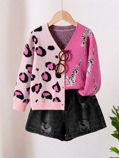 Girls' Autumn/Winter Fashion Cute Leopard Print Jacquard Knit Cardigan Sweater Long Sleeve