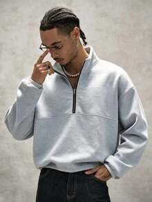 PAVTROS Men's Half-Zip Patchwork Elastic Cuff Short Sweatshirt - Grey - View 3