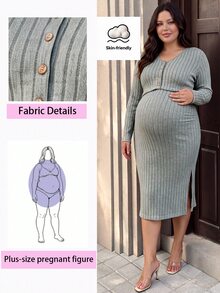 SHEIN Green Plus Size Maternity Knit Autumn/Winter 2 Pieces Set Strapless Camisole Dress & Ribbed Cardigan With Side Slit Vertical Stripes Slimming - Green - View 3
