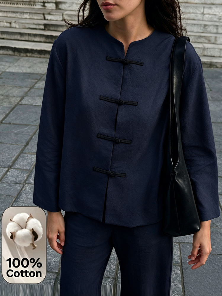 SHEIN 女款純色青蛙鈕扣長袖復古休閒襯衫 - 藏蓝色 - 查看 6