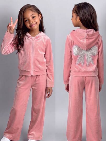 Young Girl Pink Hooded Long Sleeve Velvet Jacket And Pants Casual Baby Daily Birthday Autumn And Winter,Features A Bow Detail On The Back.