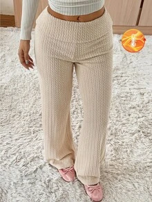 SHEIN EZwear 卡其色針織女款休閒長褲，折疊腰頭設計 - 卡其色 - 查看 7