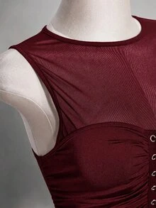 SHEIN ICON Plus Size Retro Y2K Sexy Mesh Patchwork Tank Top - Burgundy - View 7
