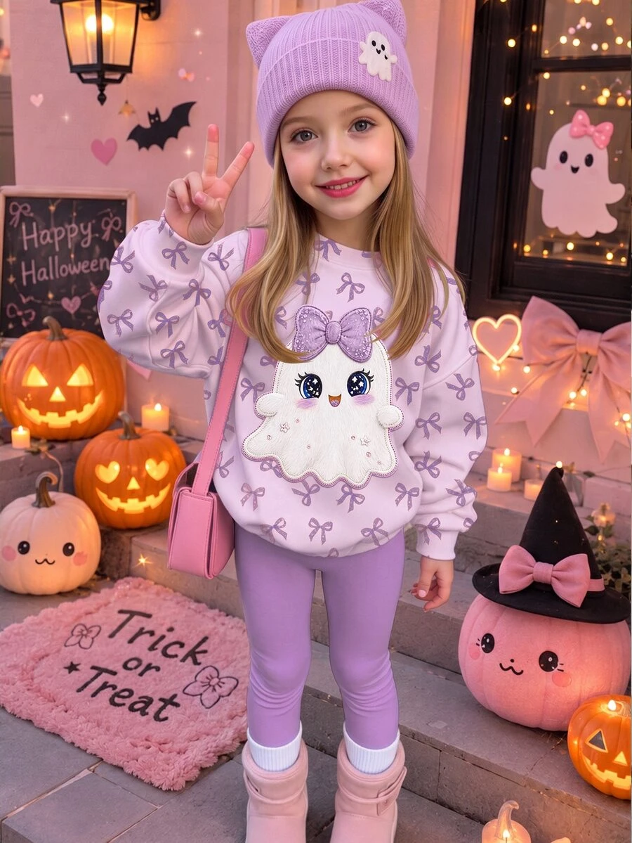 萬聖節少女休閒可愛卡通幽靈圖案甜美蝴蝶結波點圓領厚款長袖衛衣+內搭褲兩件套,適合秋冬派對造型,秋季服飾,Kawaii - 彩色 - 查看 1