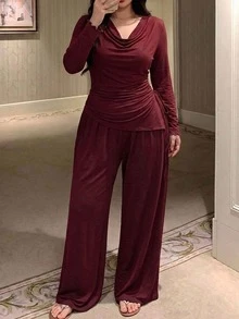 Dazy Plus Charming Solid Color Knitted Cowl Neck Waist-Cinching Top & Wide Leg Pajama Pants 2-Piece Loungewear Set - Burgundy - View 2