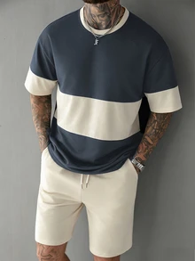 Manfinity Homme تي شيرت رجالي مقاس كبير باللون الأزرق الداكن والبيج، كاجوال مريح، مجموعة ملابس منزلية وعملية للرجال الناضجين - متعدد الألوان - مشاهدة 3