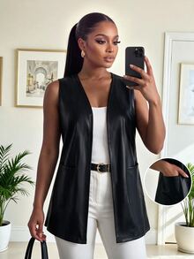 SHEIN Lady Plus Size Minimalist Versatile Pocket Jacket For Daily Wear - Black - View 1