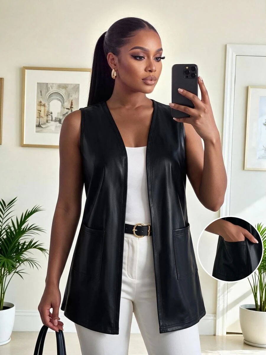 SHEIN Lady Plus Size Minimalist Versatile Pocket Jacket For Daily Wear - Black - View 1
