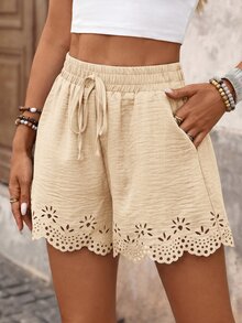 Brillora Women's Cottage Elastic Waist Pants, Summer Boho Casual Vacation Solid Color Woven Loose Shorts, Plain, Hollow Flowers Beige Beach Picnic Holiday - Apricot - View 4