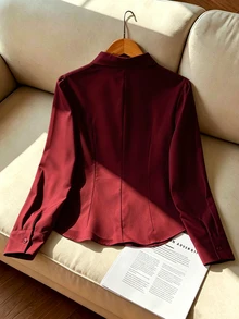 SHEIN 青少年女孩純白色領口長袖襯衫，前襟抓褶收腰修身剪裁，圓弧下擺單排扣上衣，休閒通勤校園風，春夏百搭正式上衣 - 酒紅色 - 查看 2