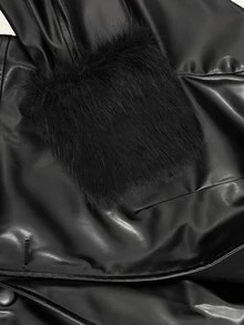 BamGleam Blazer Pendek Kulit PU Wanita dengan Hiasan Bulu dan Manset Patchwork - Hitam - View 9
