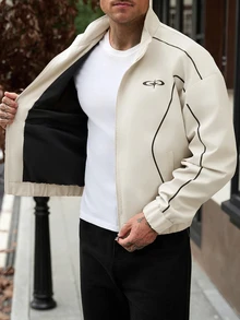 Manfinity Homme 時尚休閒夾克，側邊條紋設計，舒適柔軟，立領設計 - 米色 - 查看 3