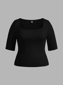 SHEIN BASICS 3件裝休閒純色針織方領短袖修身大尺碼T恤 - 彩色 - 查看 6