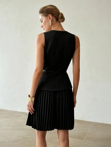 MOTF PREMIUM FASHIONABLE ELEGANT PLEATED SHORT DRESS FOR WOMEN - Black - View 2