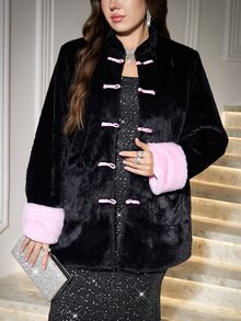 Reflora Plus Size Black Pink Contrast Color Frog Button Fur Coat, Autumn/Winter Wedding Guest Formal Evening Elegant Formal Tailored - Black - View 5